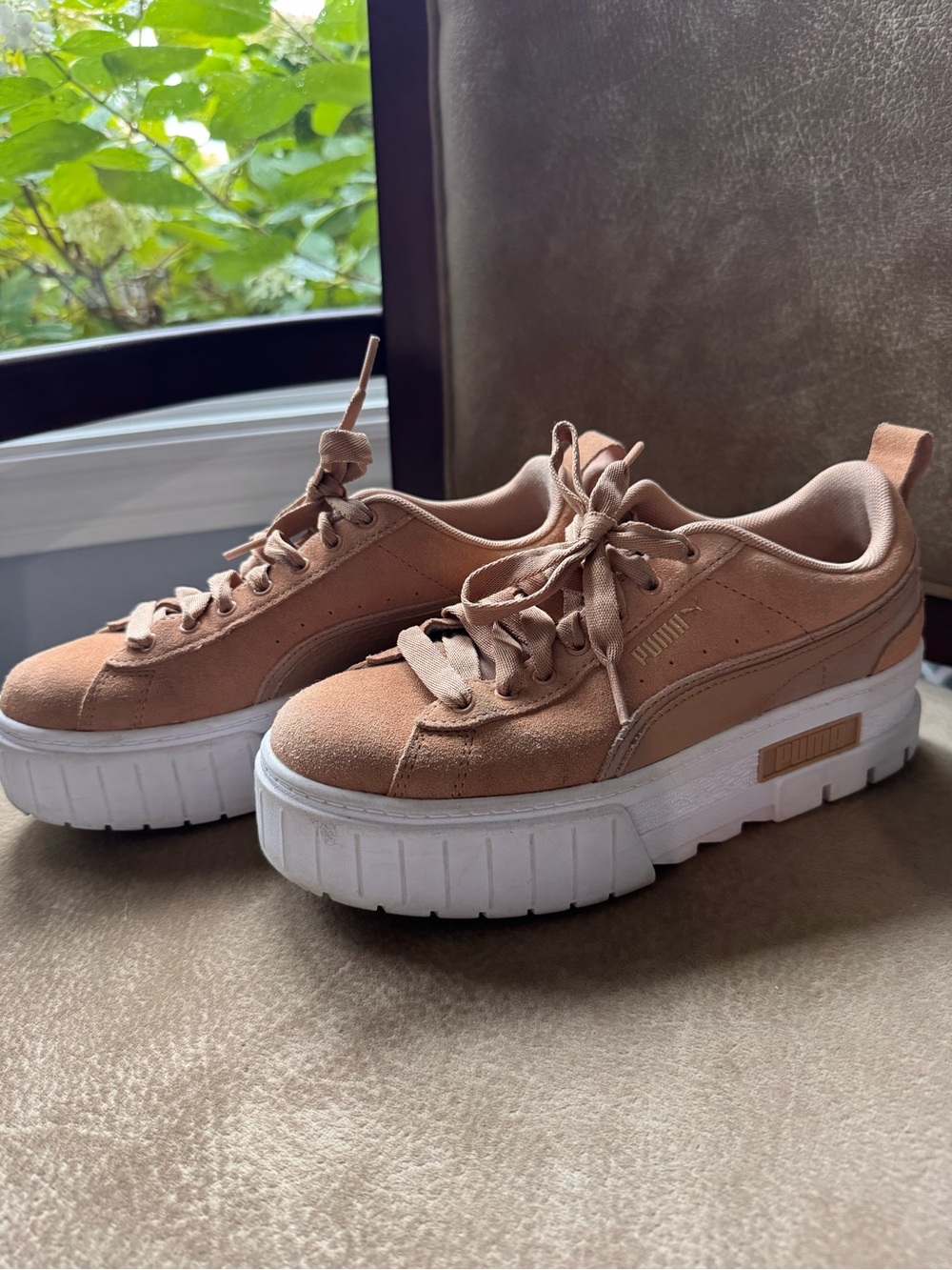 Puma Mayze Women’s Suede Tan Platform Sneakers with White Sole